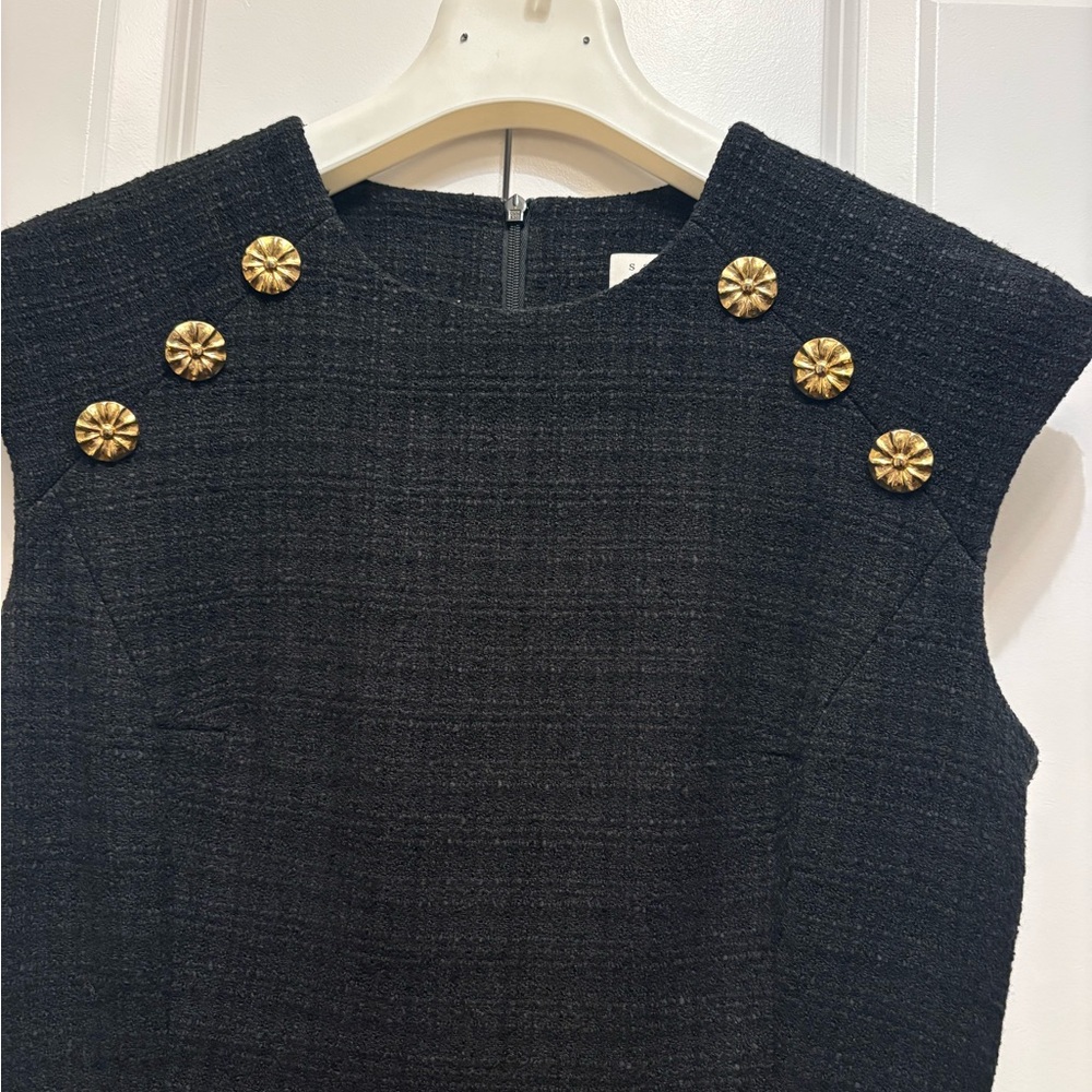 Black Sandro mini dress in excellent condition with gold buttons
